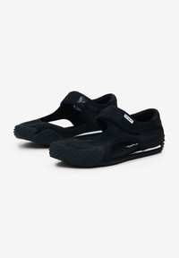 Black water shoes featuring a breathable mesh upper, a Velcro strap, and a textured rubber sole with grip patterns.