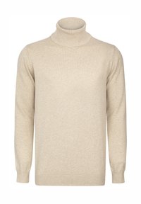 Beige coltrui van zacht materiaal, met ribbels bij de hals, manchetten en zoom. Gladde textuur met een eenvoudig, klassiek ontwerp.
