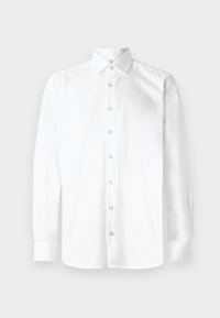 Chemise blanche à manches longues avec un col pointu, une fermeture à boutons sur le devant et des poignets à un bouton. Tissu lisse et uni sans motifs ni embellissements.
