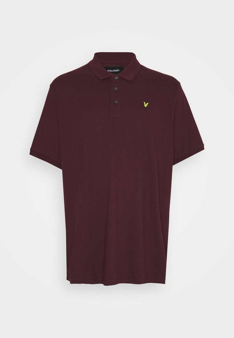 Polo à manches courtes bordeaux foncé avec trois boutons et petit logo jaune brodé sur la poitrine gauche.