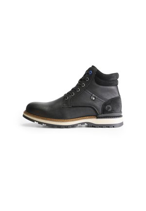 Zwarte leren enkelboot met suède accenten, ronde neus, zes oogjes, blauwe veters en een witte zool met een gestructureerde rubberen tread.