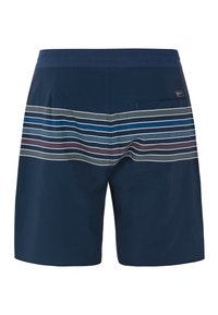 Navyblauwe zwembroek met een textuur stof, horizontaal gestreept patroon in blauw, wit en bordeauxrood, met een achterzak.