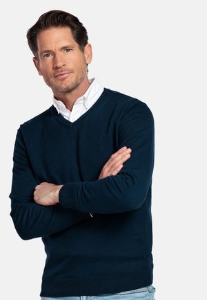 Mann mit braunen Haaren, der einen dunkelblauen V-Ausschnitt-Pullover über einem weißen Hemd mit Knöpfen trägt und mit verschränkten Armen vor einem einfarbigen Hintergrund steht.