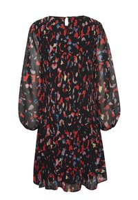 Robe noire avec un motif abstrait coloré en rouge, bleu et jaune. Présente des manches longues, un design plissé et une ouverture en forme de clé dans le dos.
