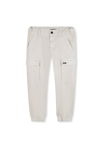 Pantaloni cargo beige chiaro con vita elasticizzata, polsini affusolati, tasche laterali e tasche cargo. Presentano una toppa con il marchio sul davanti.