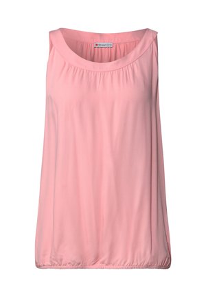 Top senza maniche rosa chiaro realizzato in tessuto morbido, con scollatura rotonda e dettagli arricciati sulle spalle, dal design loose fit.