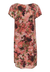 Robe florale en tissu léger, arborant des teintes de rose et de vert avec un motif de grandes fleurs. Coupe ample avec des manches courtes.