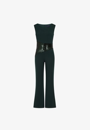 Mørkegrøn jumpsuit med tætsiddende overdel, flagrende ben og en talje med sorte palietter for kontrast og visuel interesse.