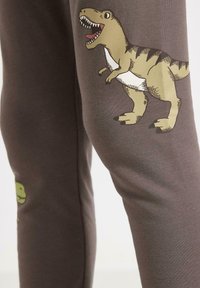 Szare bawełniane legginsy z zielono-beżową grafiką dinozaura na lewej nodze oraz małą kreskówkową twarzą na prawej uda.