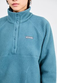 Pull en polaire teal avec un col haut, patte de boutonnage à trois boutons et logo sur la poitrine. Surface texturée avec une apparence chaude et douce.