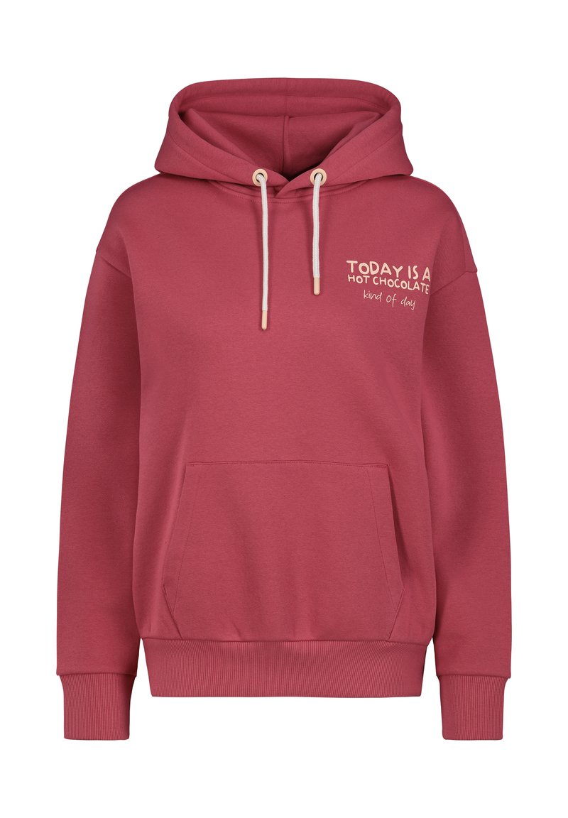 Bordeaux hoodie met een trekkoord in de capuchon, voorvak en voorop de tekst "VANDAAG IS EEN HETE CHOCOLADE-dag." Geribbelde manchetten en onderkant.
