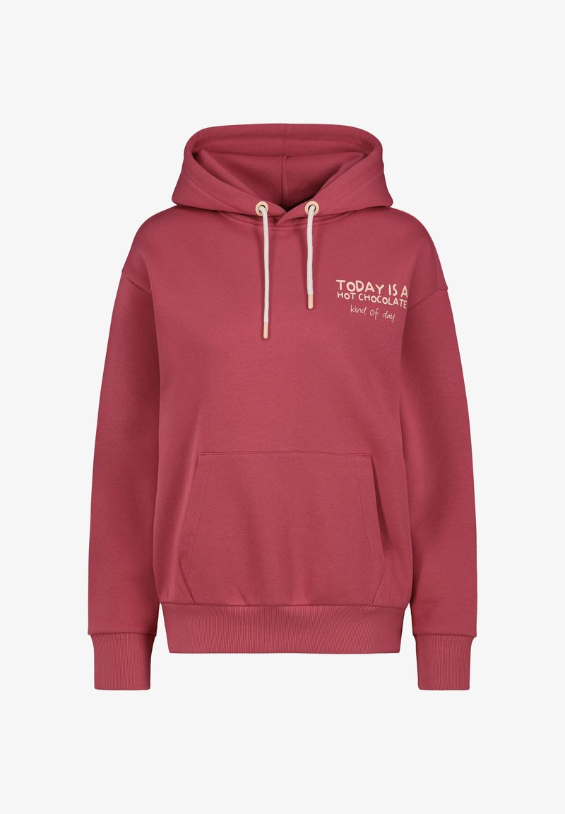 Bordeaux hoodie met een trekkoord in de capuchon, voorvak en voorop de tekst "VANDAAG IS EEN HETE CHOCOLADE-dag." Geribbelde manchetten en onderkant.