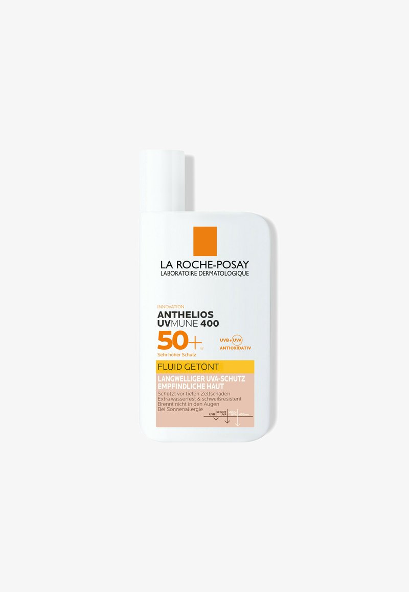 La Roche-Posay Anthelios 50+ tinted fluid sunscreen, UVA/UVB protection, water and sweat resistant, for sensitive skin, antioxidative formula.