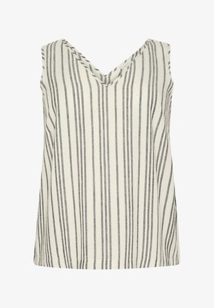 Švelnus V formos iškirptės be rankovių viršus, pagamintas iš lengvos medžiagos, su vertikaliomis pilkomis juostelėmis ant kreminio fono. Tiesus užlenkimas, laisvas siluetas.