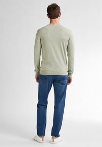 Hellgrüner, gestrickter Pullover mit langen Ärmeln, runder Ausschnitt, gesäumtem Saum, kombiniert mit blauen Jeans und weißen Sneakers. Rückansicht.
