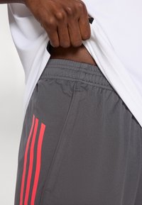 Graue Sportsshorts aus strukturiertem Stoff, mit elastischem Bund und drei vertikalen roten Streifen auf der linken Seite.