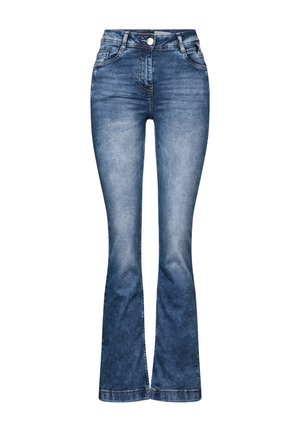 Jean en denim évasé bleu clair, avec une taille haute, un design à cinq poches et une décoloration subtile. Fabriqué en mélange de coton avec des détails de couture visibles.