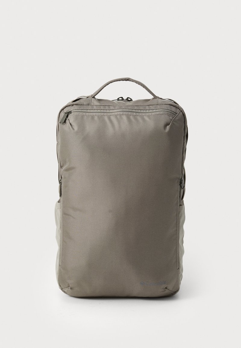 Gray backpack made of textured nylon, featuring a top handle, zippered closure, and subtle branding at the bottom corner.