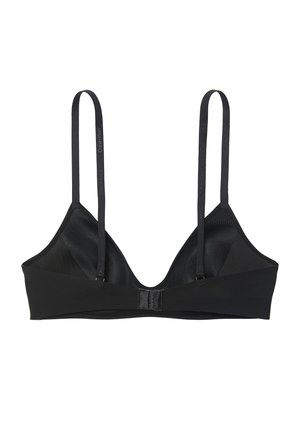 Zwarte driehoekige bralette met dunne verstelbare bandjes met "Calvin Klein"-branding en een haak-en-oogsluiting aan de voorkant.