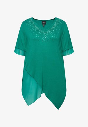Green short-sleeve top with a V-neck, featuring a curved hem and sheer overlay. Decorated with rhinestones around the neckline.