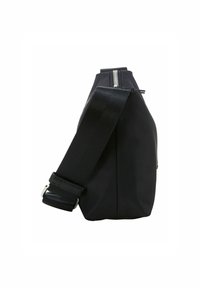 Schwarze Schultertasche aus strapazierfähigem Stoff, mit schlanker Form, verstellbarem Tragegurt und einem Reißverschluss mit metallischen Akzentdetails.