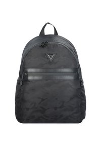 Sac à dos camouflage noir avec une texture lisse, doté d'une poche avant zippée, de bretelles ajustables et d'une poignée supérieure. Logo bien visible.