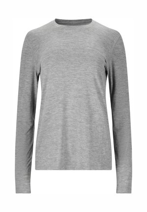 T-shirt à manches longues gris clair à col rond avec une texture chinée subtile, conçu pour une coupe slim avec un branding minimal visible sur la poitrine.