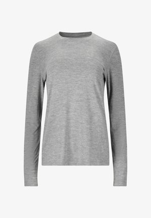 Light grey long-sleeve crewneck shirt with subtle heather texture, designed for a slim fit with minimal visible branding on the chest.