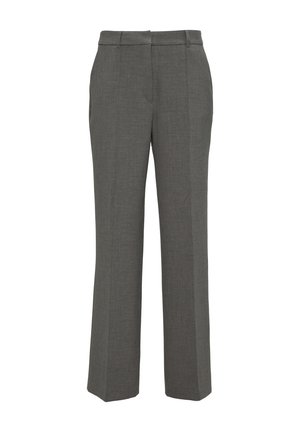 Grijze op maat gemaakte broek met een vlakke voorkant, rechte pijpen en een gladde geweven textuur. Bevat twee voorzakken en een tailleband.