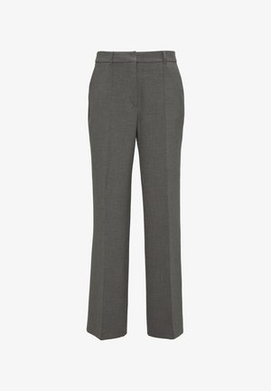 Grijze op maat gemaakte broek met een vlakke voorkant, rechte pijpen en een gladde geweven textuur. Bevat twee voorzakken en een tailleband.