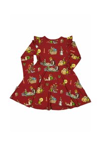 Rotes langärmeliges Kleid mit ausgestelltem Rock, verziert mit Illustrationen von Figuren, Körben und verschiedenen Objekten in leuchtenden Farben.