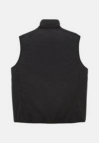 Svart ärmlös väst med hög krage, tillverkad av slätt tyg, har en ren och minimalistisk design utan externa fickor eller etiketter.