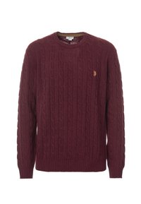 Maglione a maglia a coste color borgogna con colletto rotondo, polsini e orlo a coste. Presenta un piccolo emblema dorato sul petto. Texture morbida.