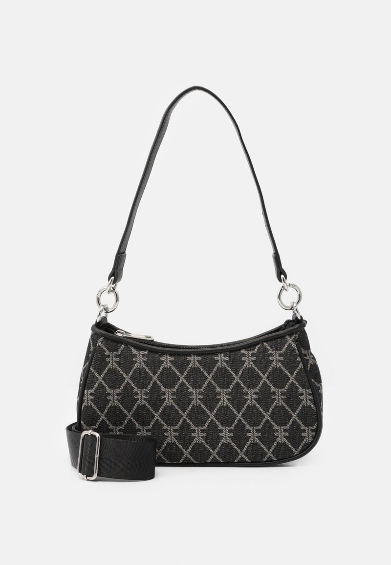 Borsa nera a tracolla con motivo geometrico grigio chiaro, zipper argentato, tracolla nera regolabile e manico superiore arrotondato con anelli metallici.