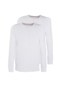 Due magliette a maniche lunghe in bianco, realizzate in cotone. Presentano un collo rotondo, una vestibilità dritta e polsini a coste. Tessuto liscio, senza fantasie.