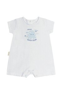 Romper de rayas azul claro con mangas cortas, que presenta un gráfico de pulpo y el texto "Cuentos del Océano". Cierre de botones en la parte posterior y en la parte inferior.