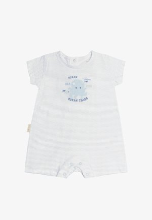 Romper de rayas azul claro con mangas cortas, que presenta un gráfico de pulpo y el texto "Cuentos del Océano". Cierre de botones en la parte posterior y en la parte inferior.