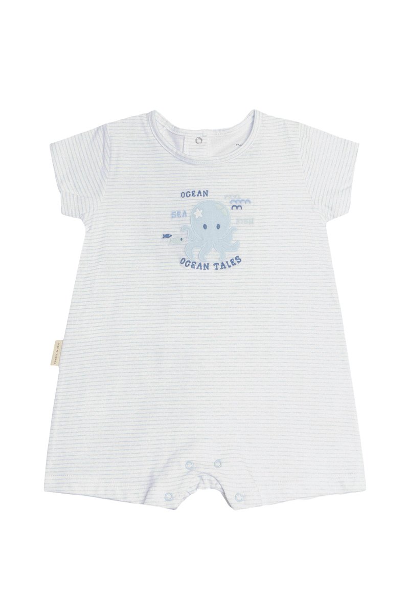 Romper de rayas azul claro con mangas cortas, que presenta un gráfico de pulpo y el texto "Cuentos del Océano". Cierre de botones en la parte posterior y en la parte inferior.