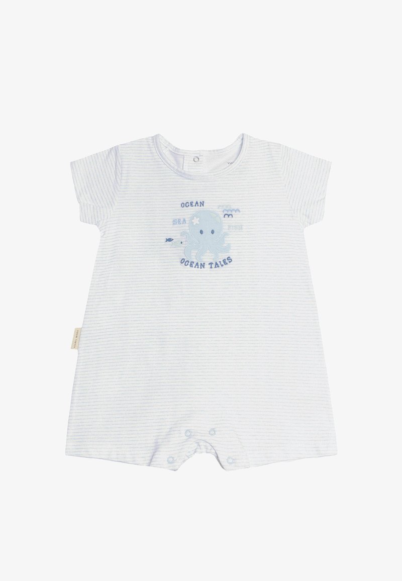 Romper de rayas azul claro con mangas cortas, que presenta un gráfico de pulpo y el texto "Cuentos del Océano". Cierre de botones en la parte posterior y en la parte inferior.
