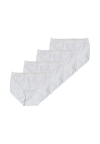 Set di quattro mutande bianche in cotone con elastico in vita, caratterizzate da una texture liscia e cuciture morbide lungo i bordi.