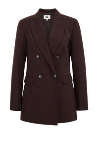 Hnědý dvouřadý blazer s klopami, dvěma předními kapsami a černými knoflíky. Hladká látka se strukturovaným střihem.
