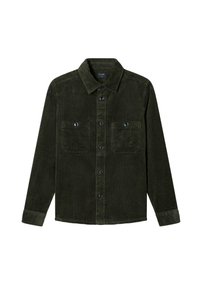 Olive green corduroy shirt featuring a button-down front, two chest pockets, long sleeves, and a classic collar design.