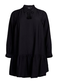 Zwart lange mouwen jurk met een verzamelde halslijn, striksluiting met kwastjes en een uitlopende zoom. Gemaakt van zachte stof met een comfortabele pasvorm.