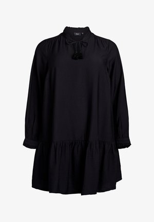 Schwarzes Longsleeve-Kleid mit gerafftem Ausschnitt, Bindegurt mit Quasten und ausgestelltem Saum. Hergestellt aus weichem Stoff mit lockerer Passform.