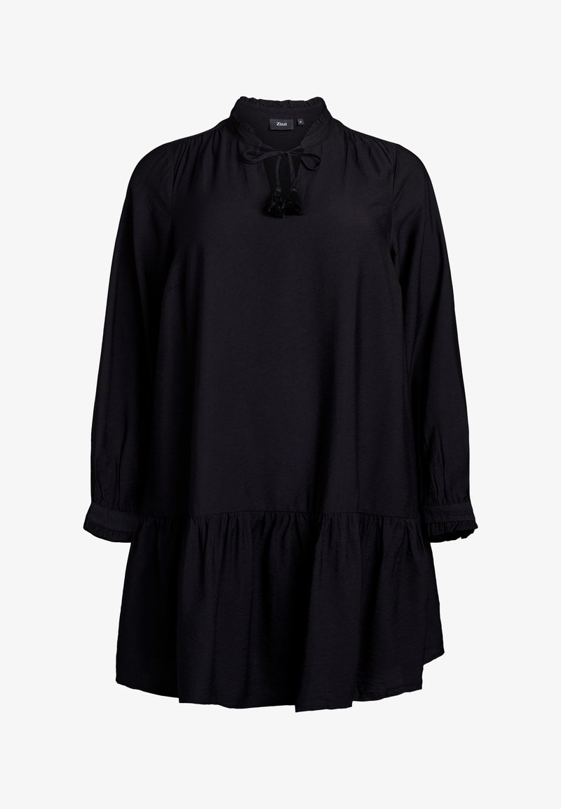Schwarzes Longsleeve-Kleid mit gerafftem Ausschnitt, Bindegurt mit Quasten und ausgestelltem Saum. Hergestellt aus weichem Stoff mit lockerer Passform.