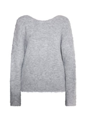 Suéter gris claro hecho de un hilo suave y aterciopelado. Presenta un amplio escote barco y mangas largas con dobladillo acanalado. Diseño simple y minimalista.