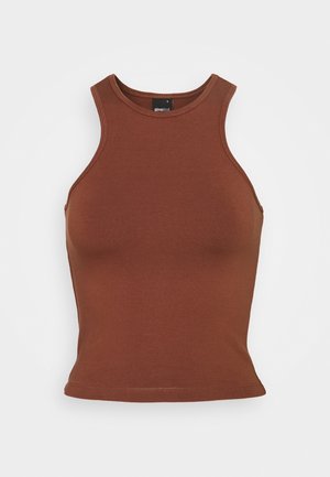 Sleeveless fitted brown tank top with high neckline, made of smooth fabric, displayed on a plain light background.