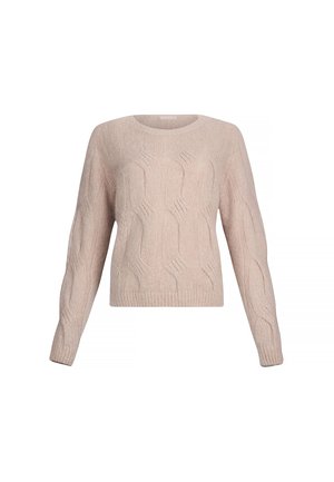 Pullover leggero color rosa chiaro con lavorazione a maglia, maniche lunghe, scollatura rotonda e motivi testurizzati su tutto il tessuto. Materiale morbido e di peso medio.