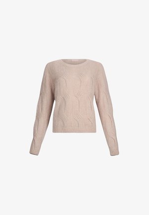 Pullover leggero color rosa chiaro con lavorazione a maglia, maniche lunghe, scollatura rotonda e motivi testurizzati su tutto il tessuto. Materiale morbido e di peso medio.
