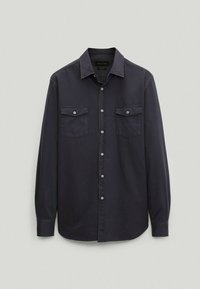 Camicia button-up di un blu scuro, realizzata in cotone, con due tasche sul petto, maniche lunghe e colletto classico con bottoni argentati.